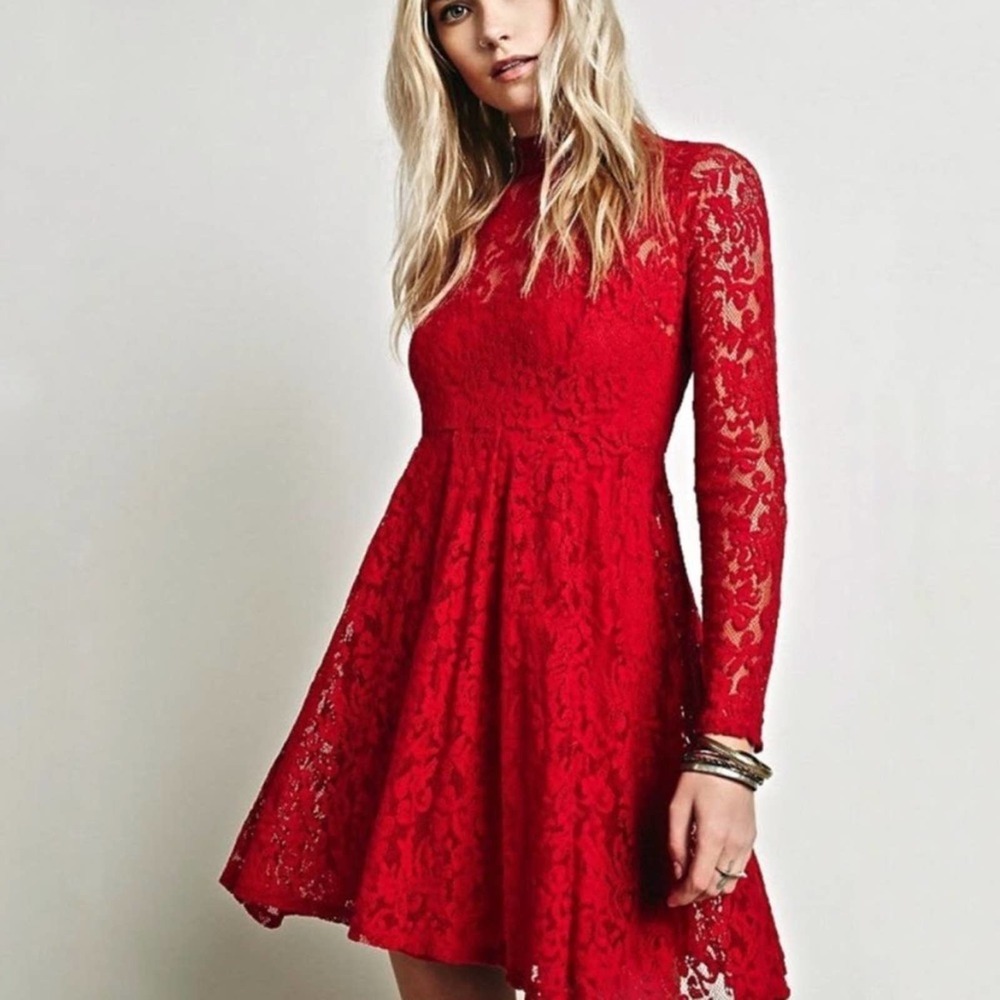 Free People Hearts Delight red long sleeve high collar lace dress with slip